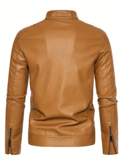 Men's Vintage PU Leather Jacket Stand Collar Zip Up Faux Leather Jacket