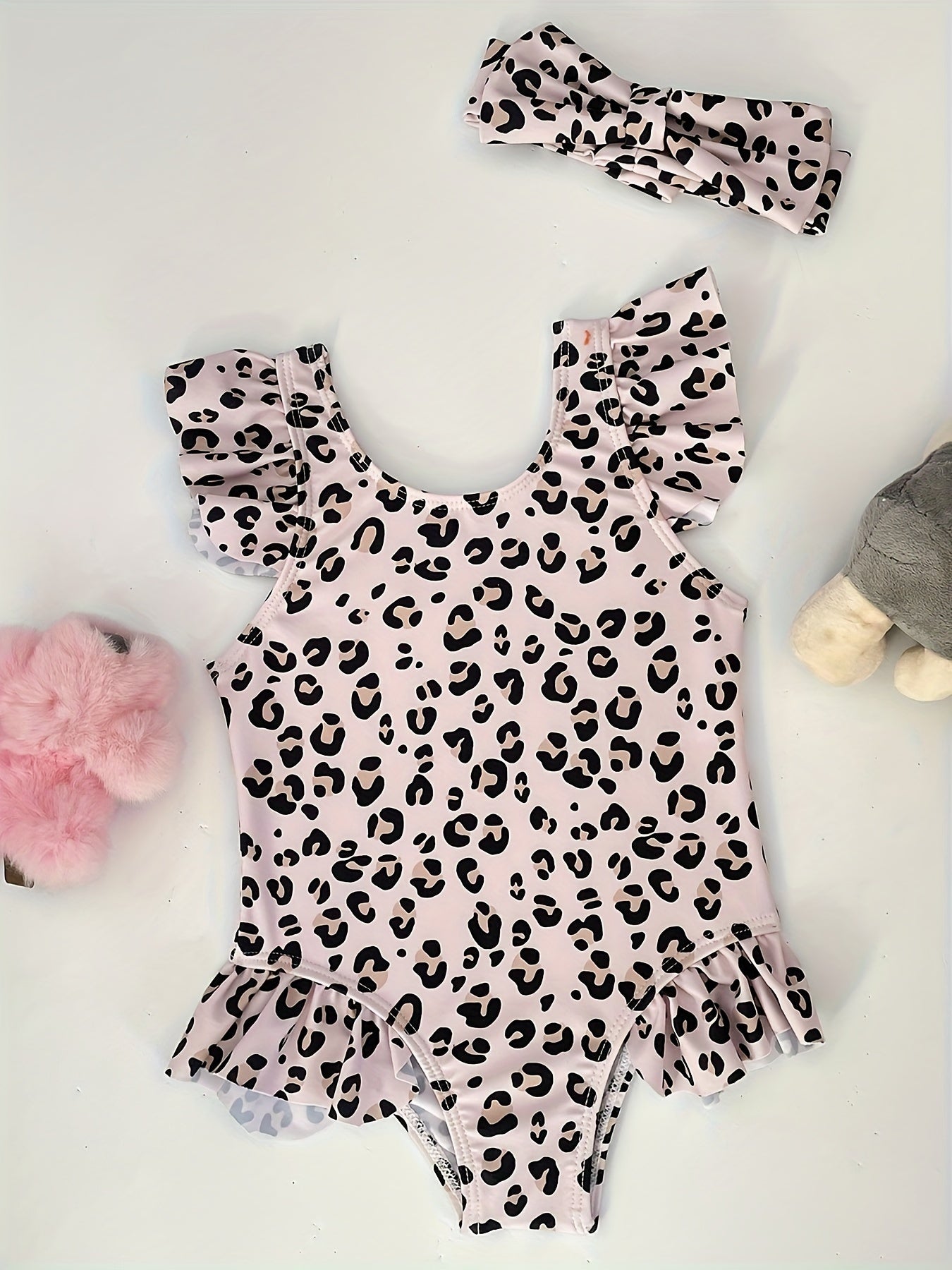 Leopard Print Swimwear With Headband Girls Bathing Suit Summer