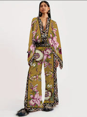 Ethnic Print Two Piece Set Blouse & Pants Outfit