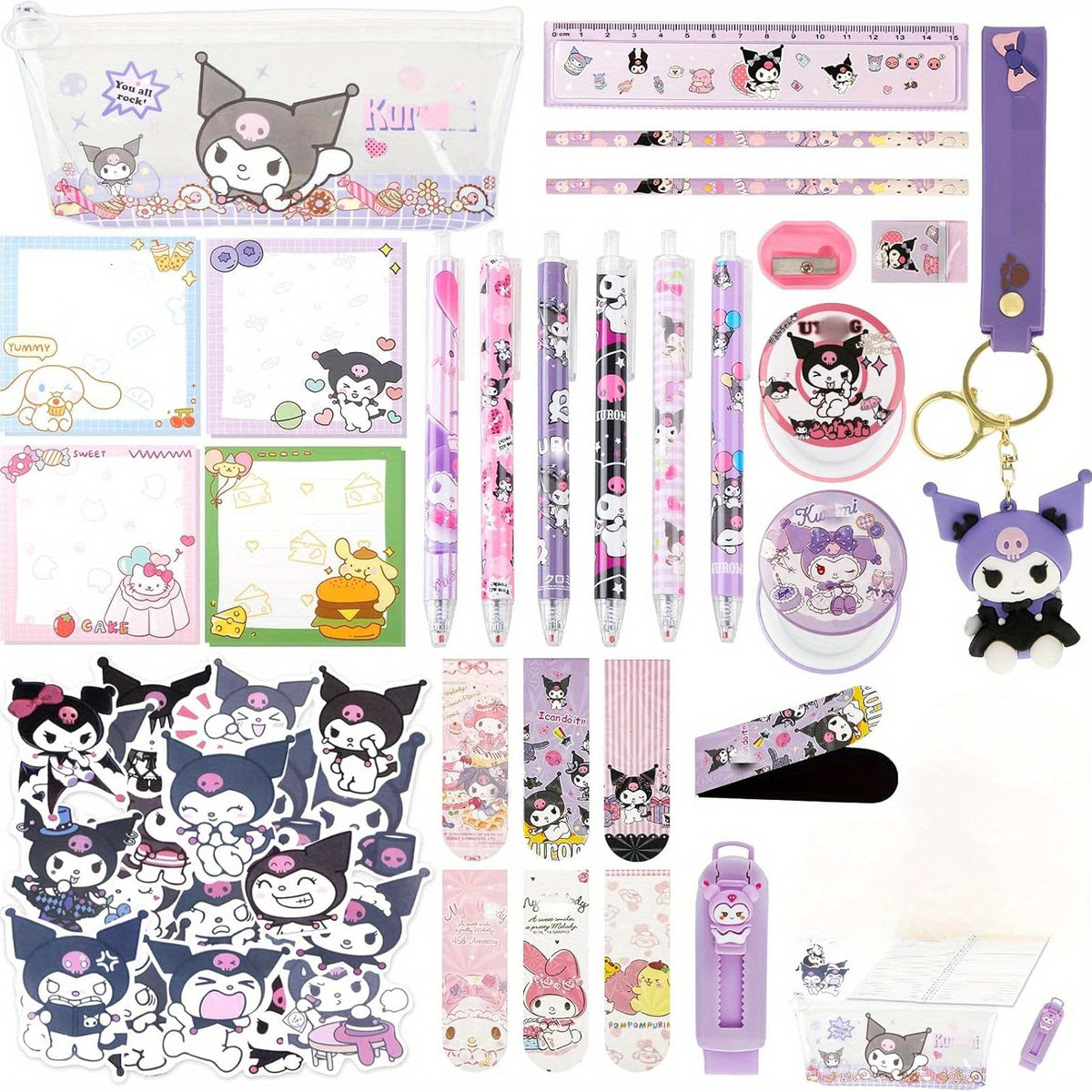 Kuromi Stationery Set: Fountain Pen, Pencil Case, Erasers, Sticky Note