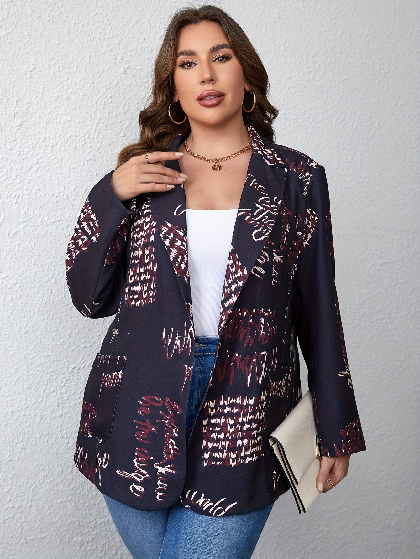  Graffiti Print Long Sleeve Blazer with Pockets