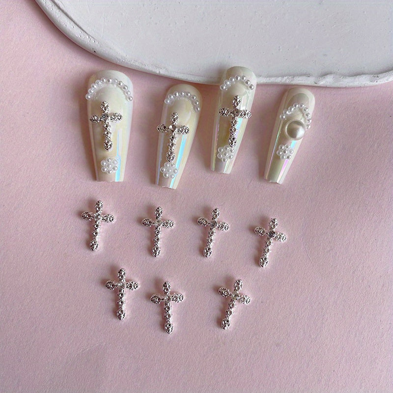 3D Cross Nail Charms with Pearl Gems and Rhinestones