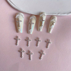 3D Cross Nail Charms with Pearl Gems and Rhinestones