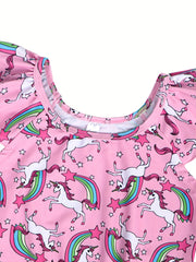Girls Unicorn Bikini Tankini Swimsuit Ruffle Trim Top & Shorts Set