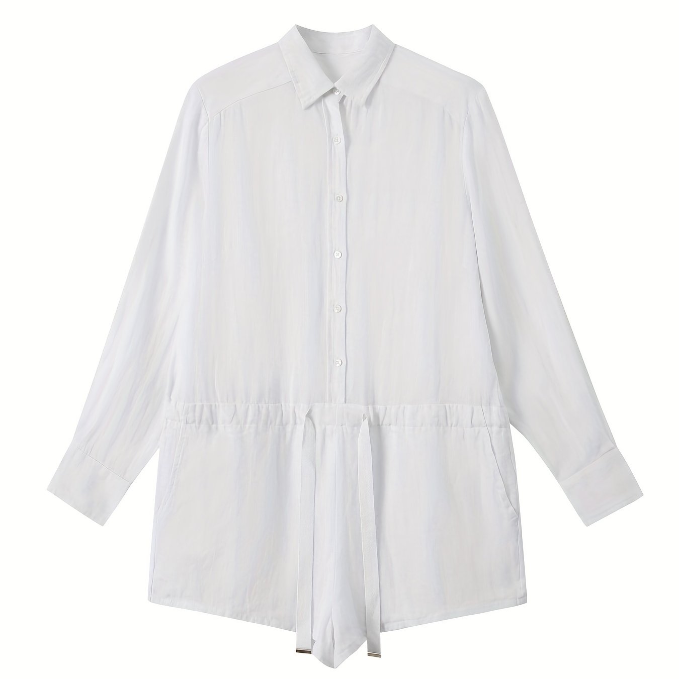 Drawstring Waist Shirt Romper Jumpsuit Long Sleeve Button
