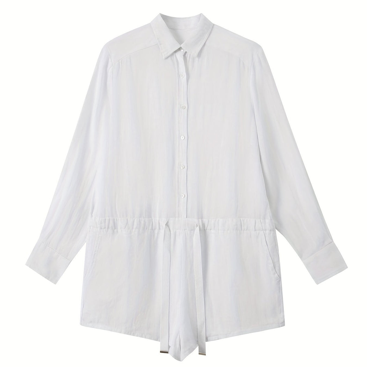Drawstring Waist Shirt Romper Jumpsuit Long Sleeve Button