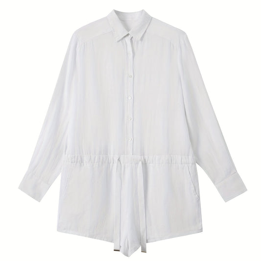Drawstring Waist Shirt Romper Jumpsuit Long Sleeve Button