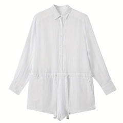 Drawstring Waist Shirt Romper Jumpsuit Long Sleeve Button