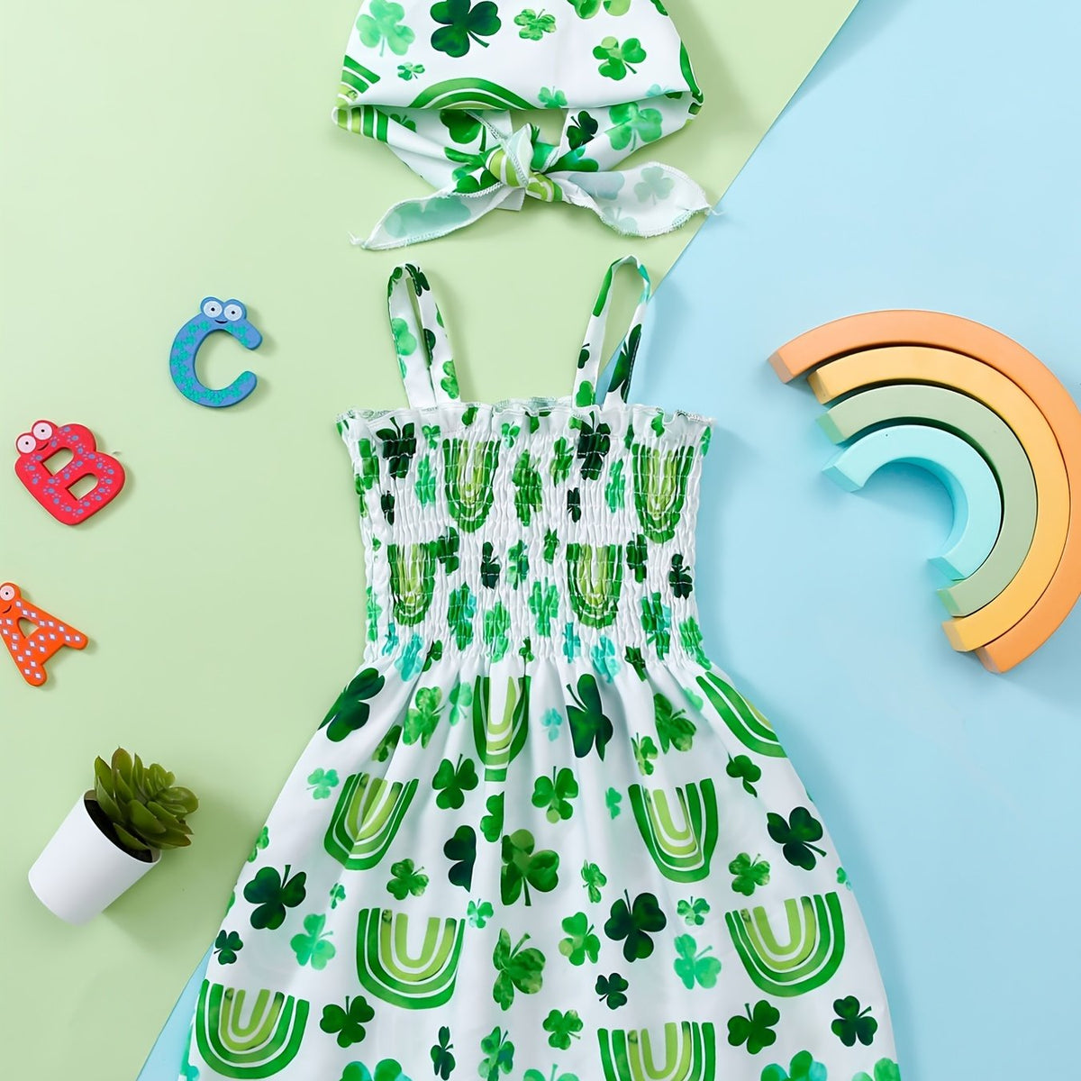 Girls Flower & Rainbow Frill Trim Shirred Dress & Headband Set