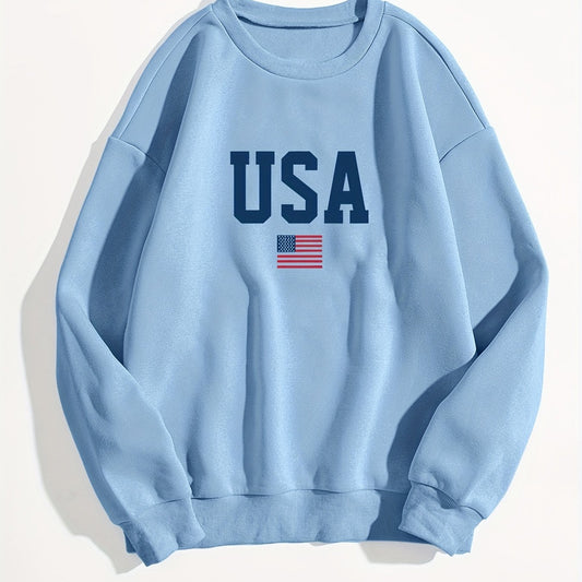 American Flag Print Sweatshirt Crew Neck Long Sleeve Women's Clothing
