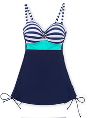 Striped Print Tankini Set V Neck Boxer Short Bottom Swimsuit Women's Swimwear