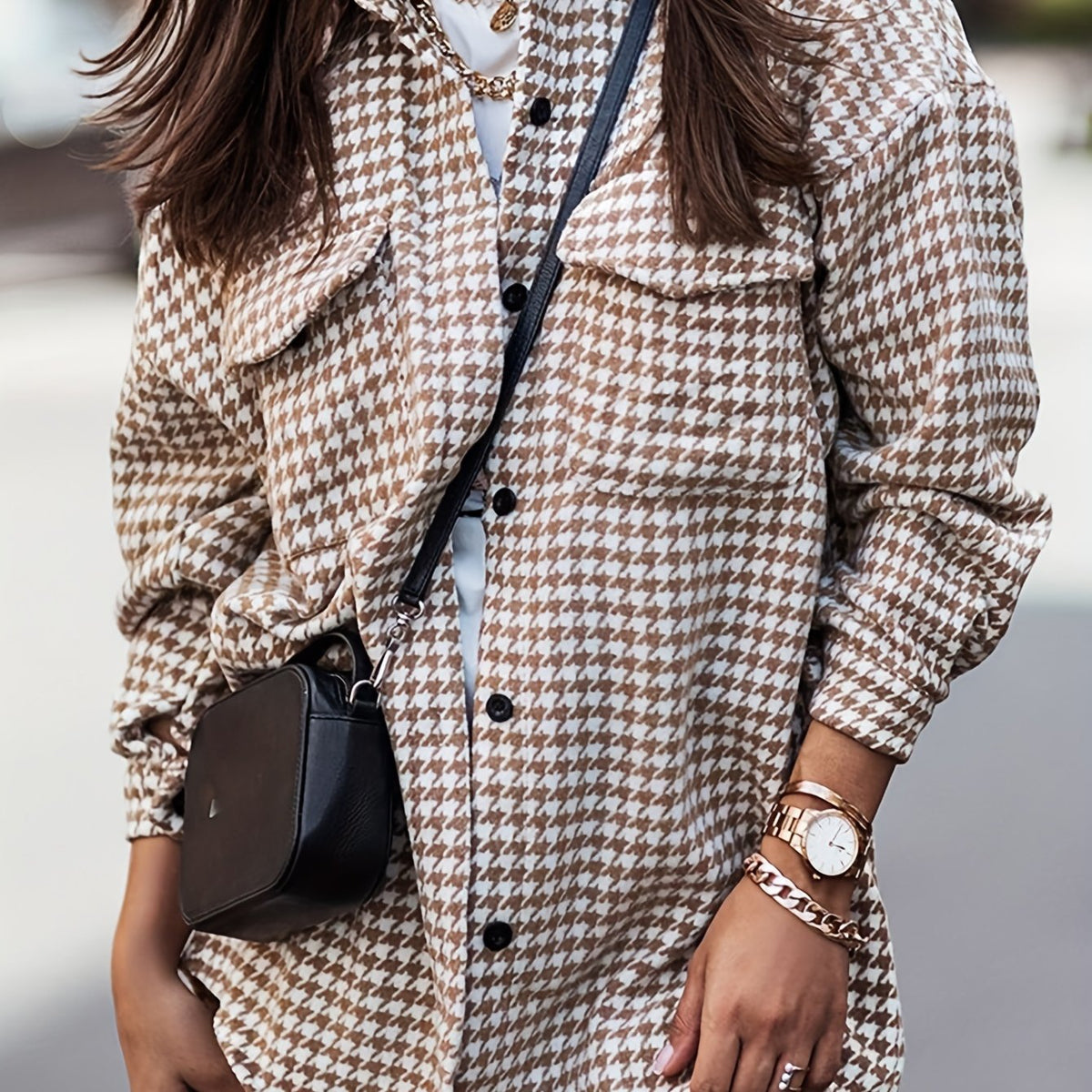 Houndstooth Print Shacket Jacket Casual Button Front