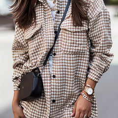 Houndstooth Print Shacket Jacket Casual Button Front