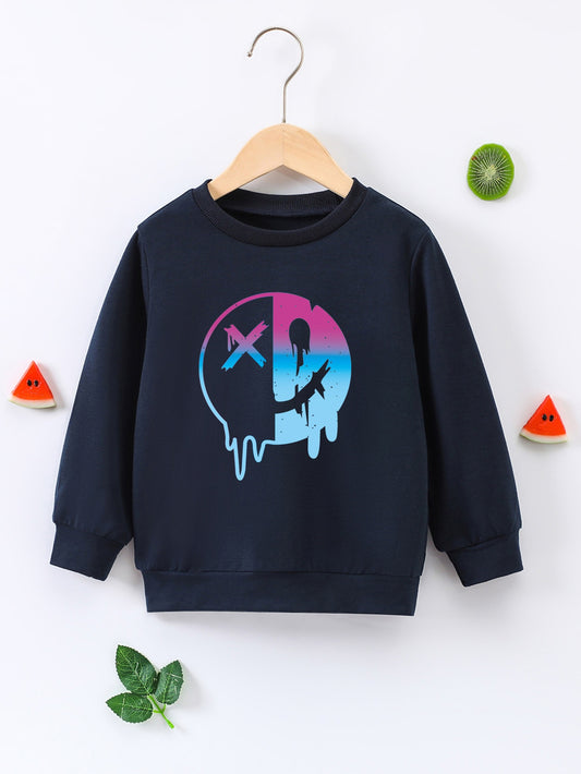 Colorful Smile Face Print Boys Casual Pullover Sweatshirt Crew Neck Tops