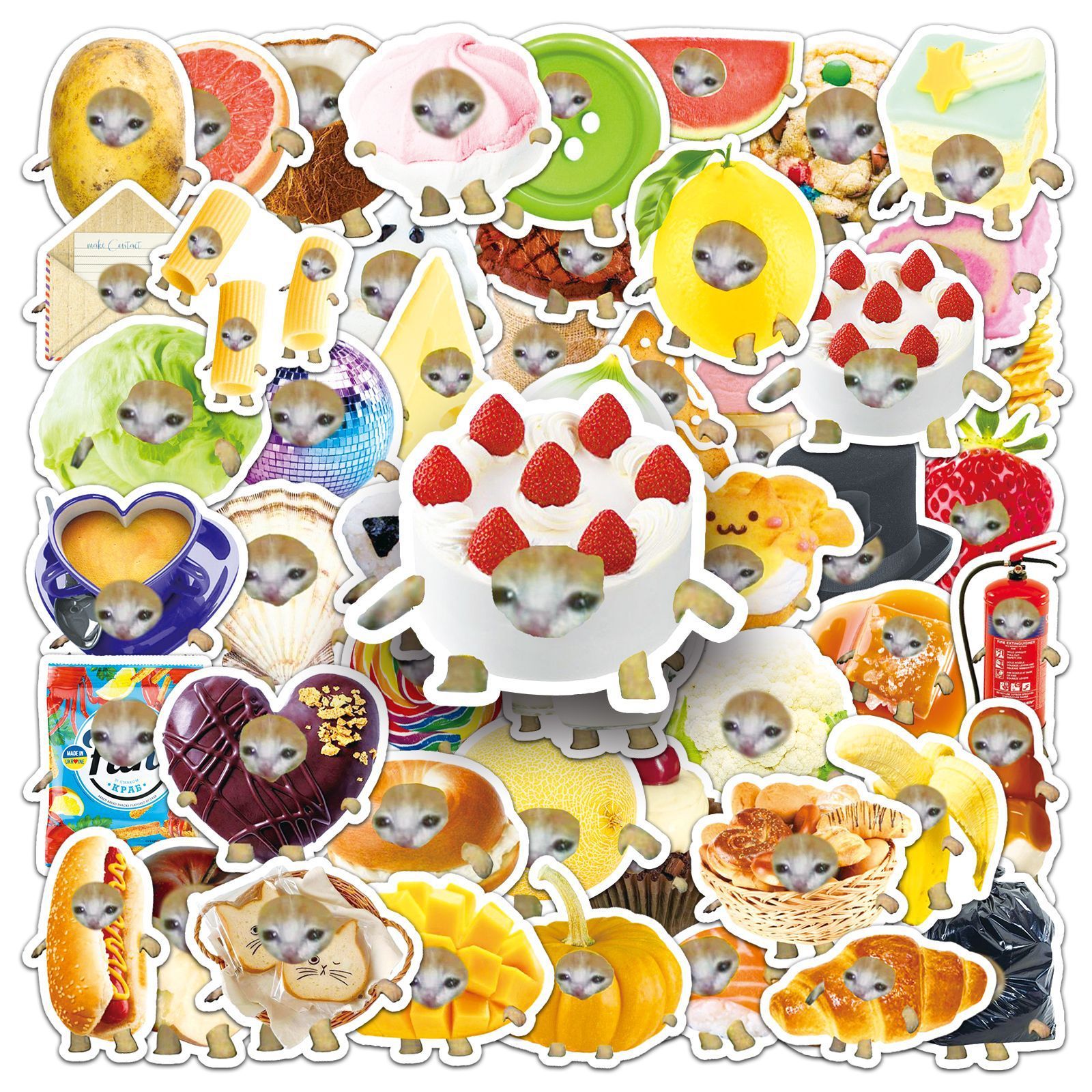 50pcs Funny Cat Head Stickers in Various Colors Self Adhesive Vinyl Decals