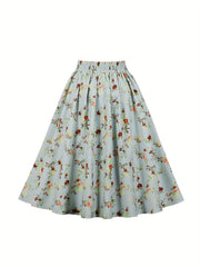 Women's Plus Floral Print Button Elastic Ruched A line Skirt