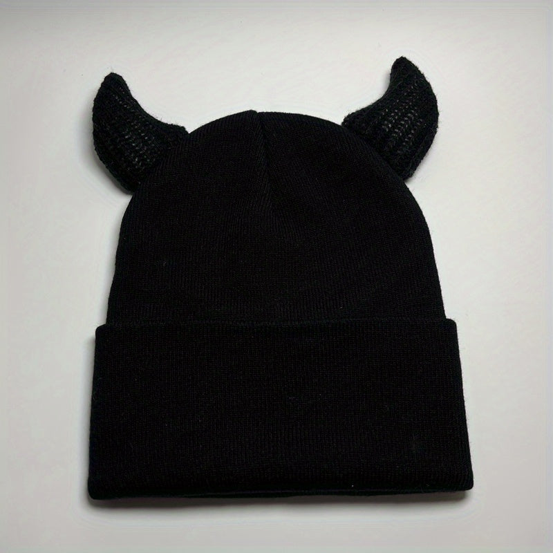 Y2K Solid Knitted Hat Halloween Hat Cow Horn Knitted Hat Unisex