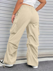  Solid High Rise Wide Leg Cargo Trousers