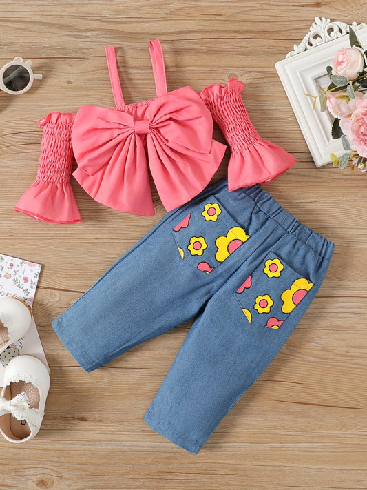 2pcs Baby Girls Suspender Outfit Set with Ruffle Bow Decor and Denim Pants
