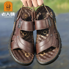 LAORENTOU Men's Leather Non Slip Sandals Comfy Beach Shoes