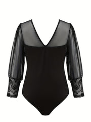  Floral Jacquard Mesh V Neck Semi Sheer Bodysuit