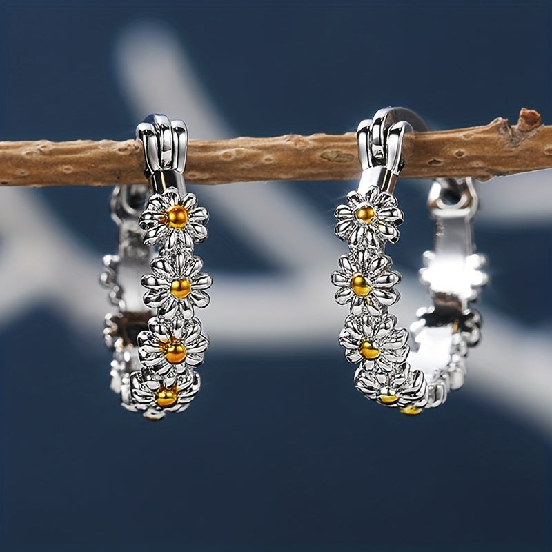 Daisy Decor Hoop Earrings, Copper Silver Plated Jewelry