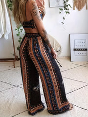 Sexy Butterfly Print Two piece Set Backless Crop Halter Top & Wide Leg Pants