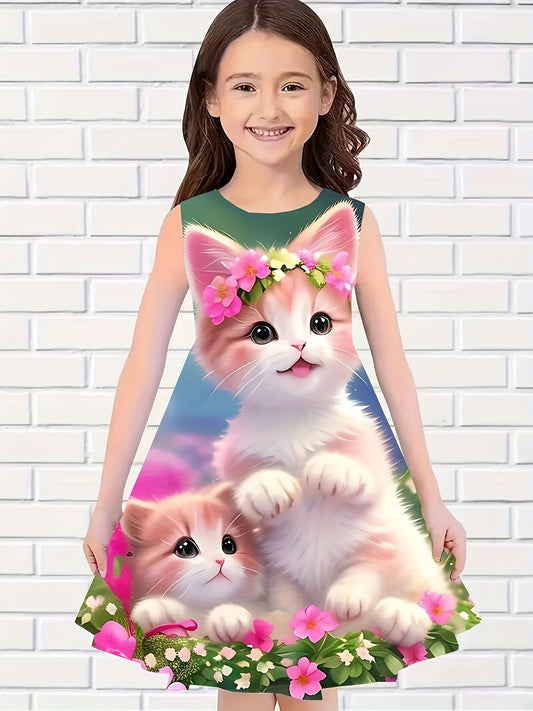 Girls Kitty Flower Sleeveless Dress For Summer Party
