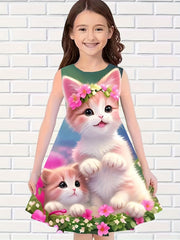 Girls Kitty Flower Sleeveless Dress For Summer Party