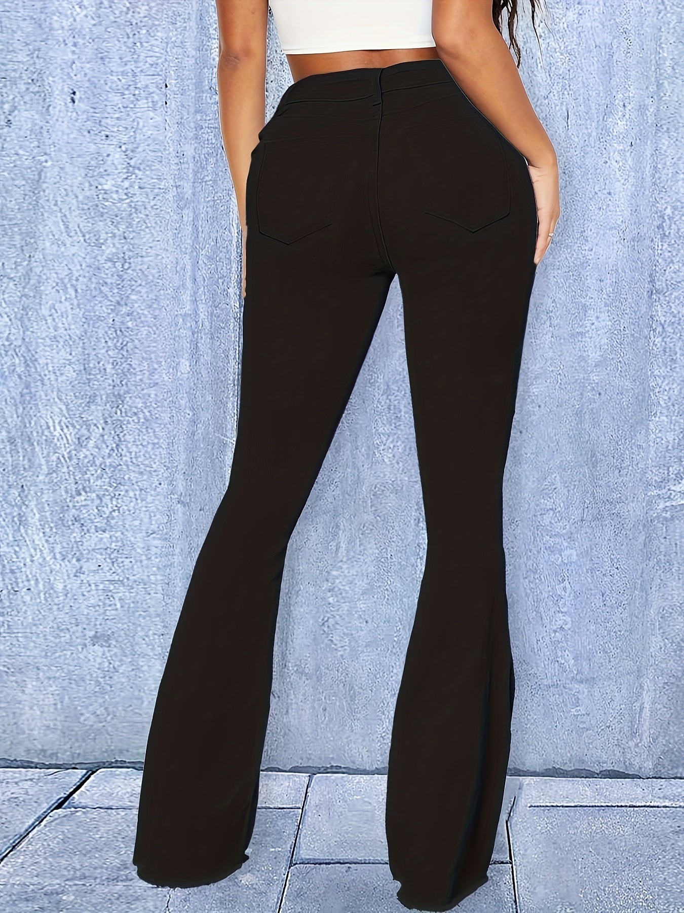 Solid Button Fly High Rise Flared Leg Jeans