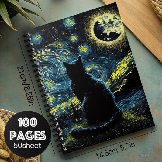 Cat Spiral Notebook Starry Night 100 Pages Journal Office School Supplies