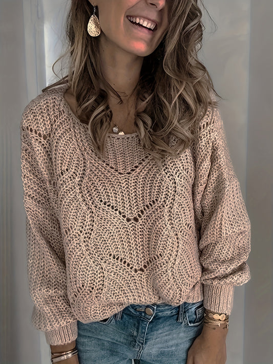 Casual Hollow Out Long Sleeve Plus Size Sweater