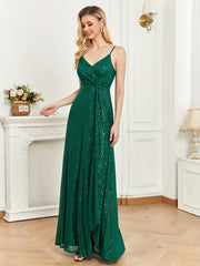 Sequined Bridesmaid Strap Dress Surplice Neck Twist Front Dress
