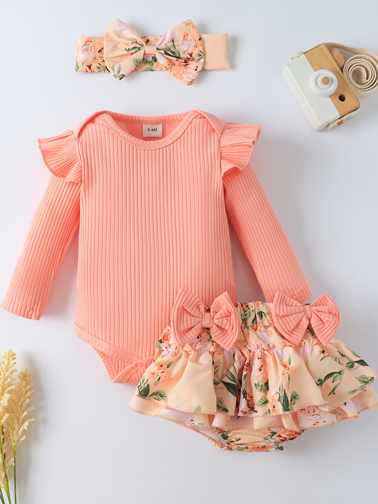 3pcs Newborn Long Sleeve Romper Ruffles Bodysuit & Shorts Set