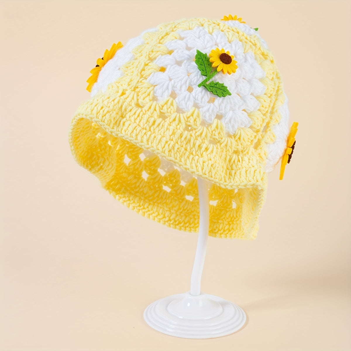 Sunflower Decor Block Beanie Crochet Bucket Hat Hollow Breathable Cloche