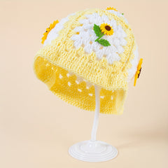 Sunflower Decor Block Beanie Crochet Bucket Hat Hollow Breathable Cloche