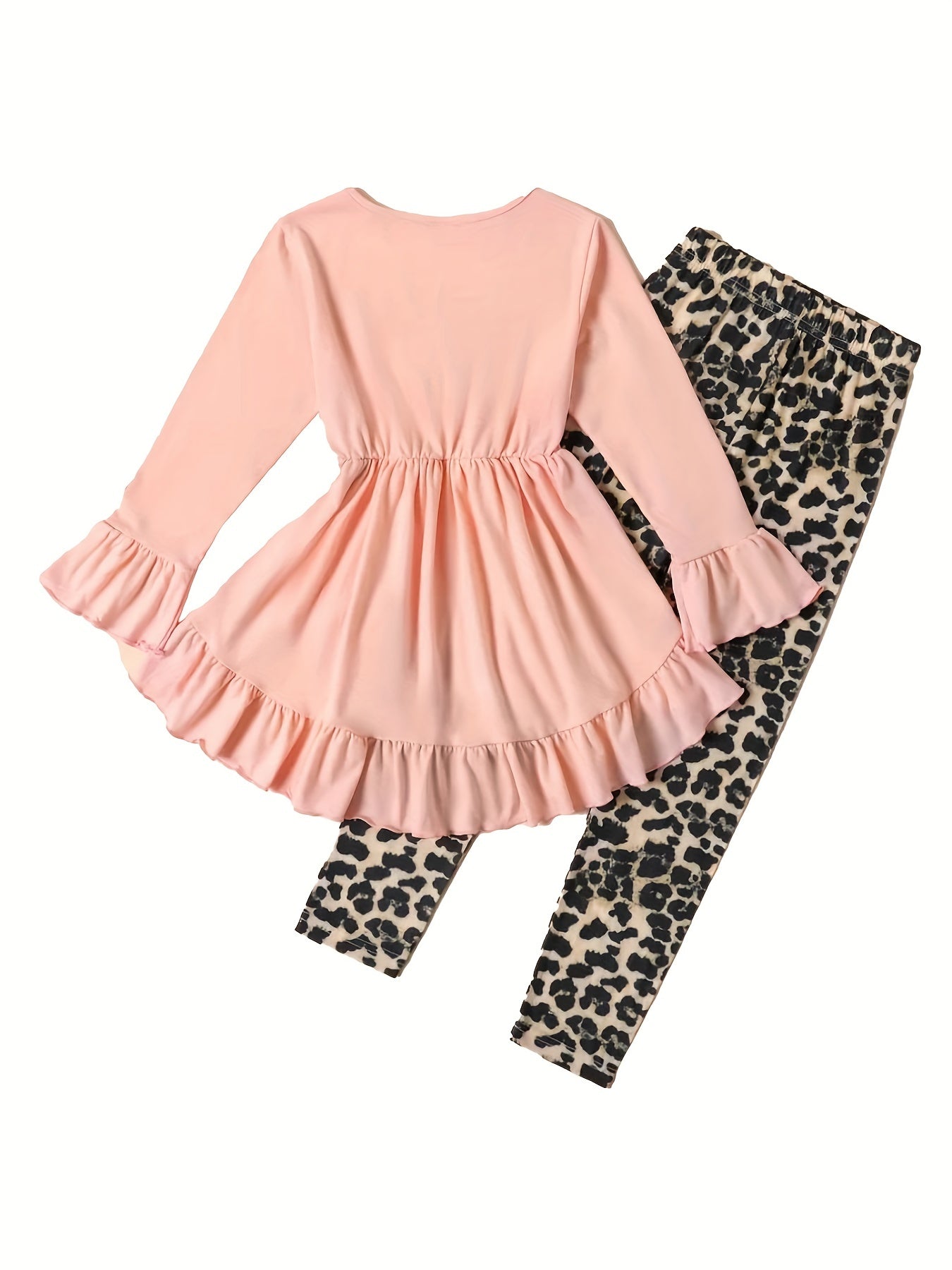 Leopard Pattern Ruffled Dress & Leggings Set for Girls