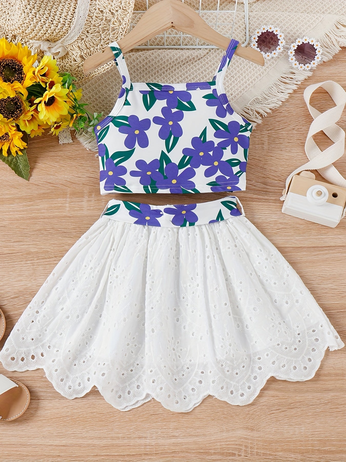 Girls Floral Tank Top & Eyelet Tutu Skirt Set