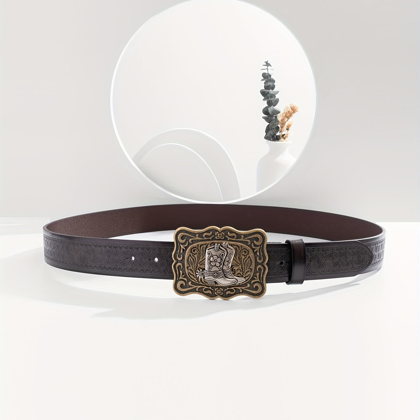 Men's Casual Cowboy Bronze Buckle Embossed Belt