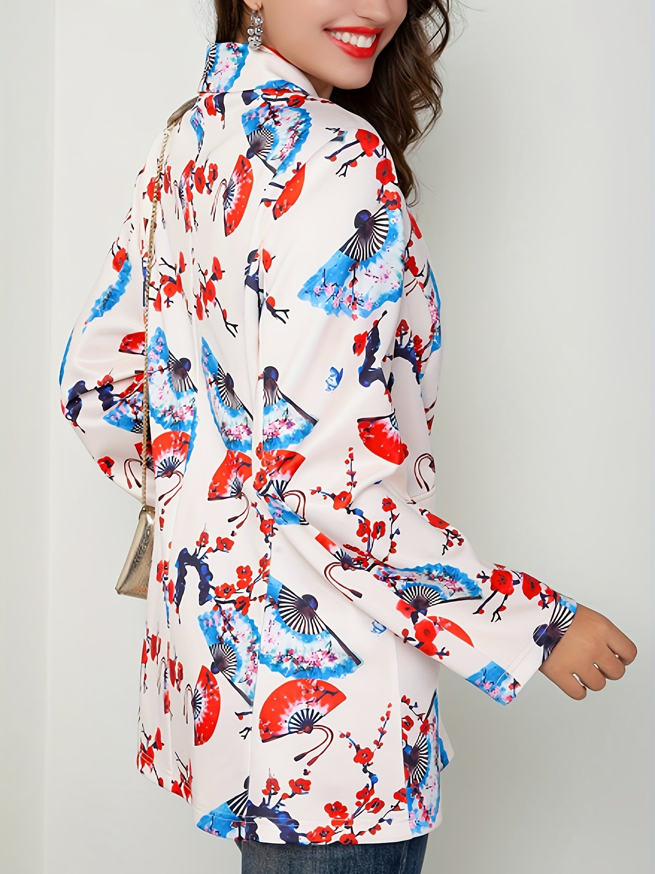  Plum Flower & Fan Print Loose Fit Blazer