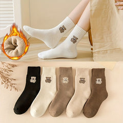 5 Pairs Cartoon Bear Print Socks & Soft Mid Tube Socks Women's Stockings