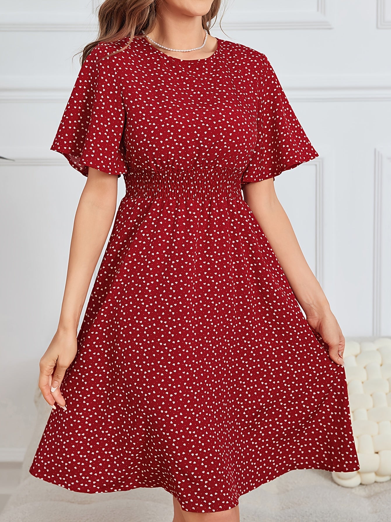 Heart Print Shirred Waist Dress Crew Neck Short Sleeve Dress