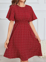 Heart Print Shirred Waist Dress Crew Neck Short Sleeve Dress