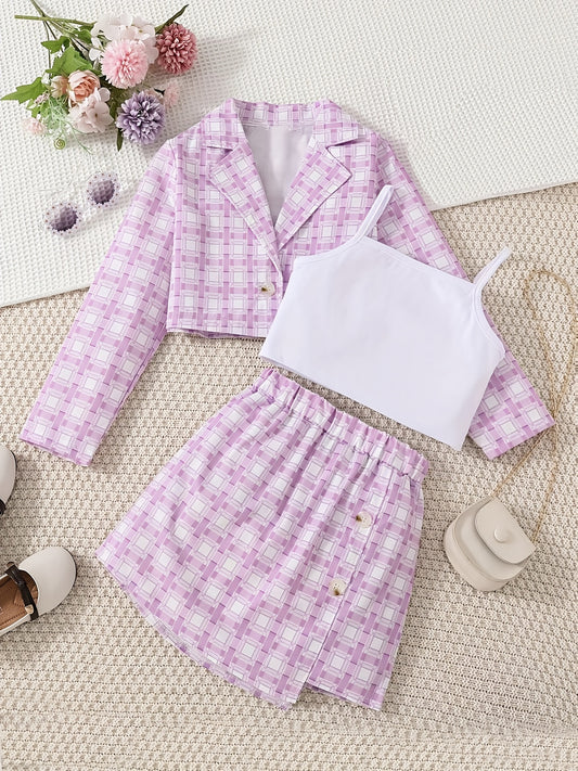 Toddler Girls Plaid 3pcs Set Coat Vest Skirt Kids Clothing