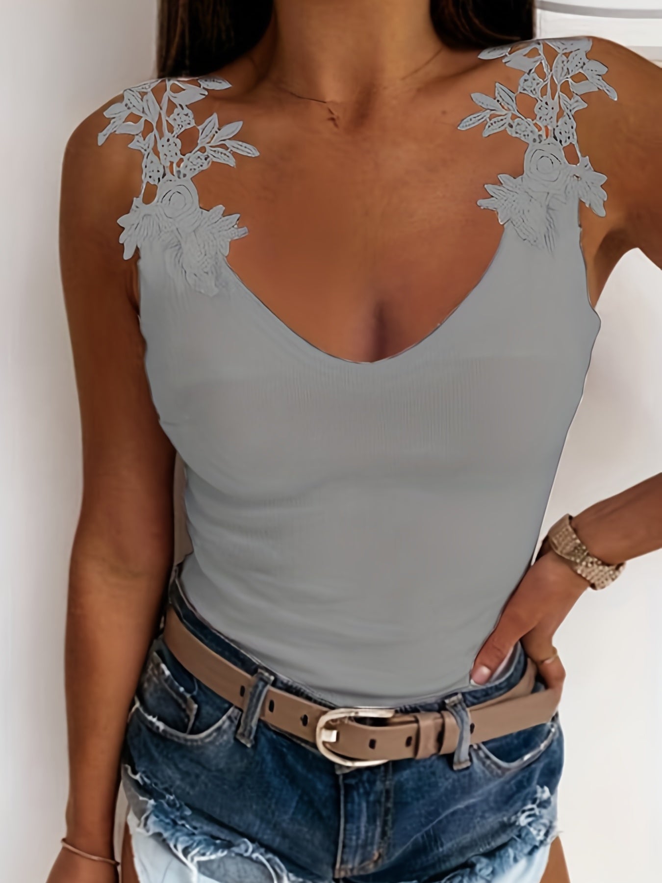 V Neck Tank Top Lace Strap Sleeveless Casual Summer Women's Clothing