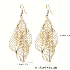 Hollow Leaf Pendant Golden Dangle Earrings Retro Boho Style