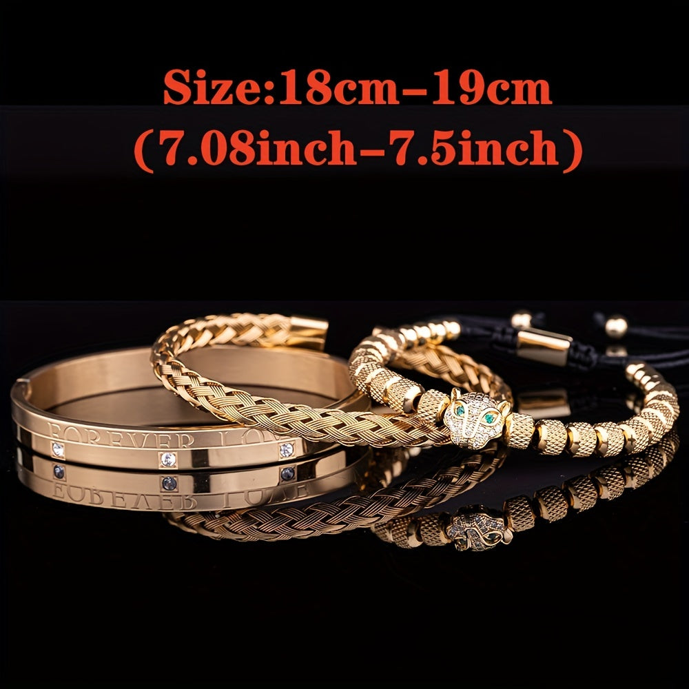 3pcs Men's Hand Woven Wristband Set with Leopard Head and Roman Numerals