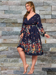  Floral Print Lantern Sleeve Belted Dress