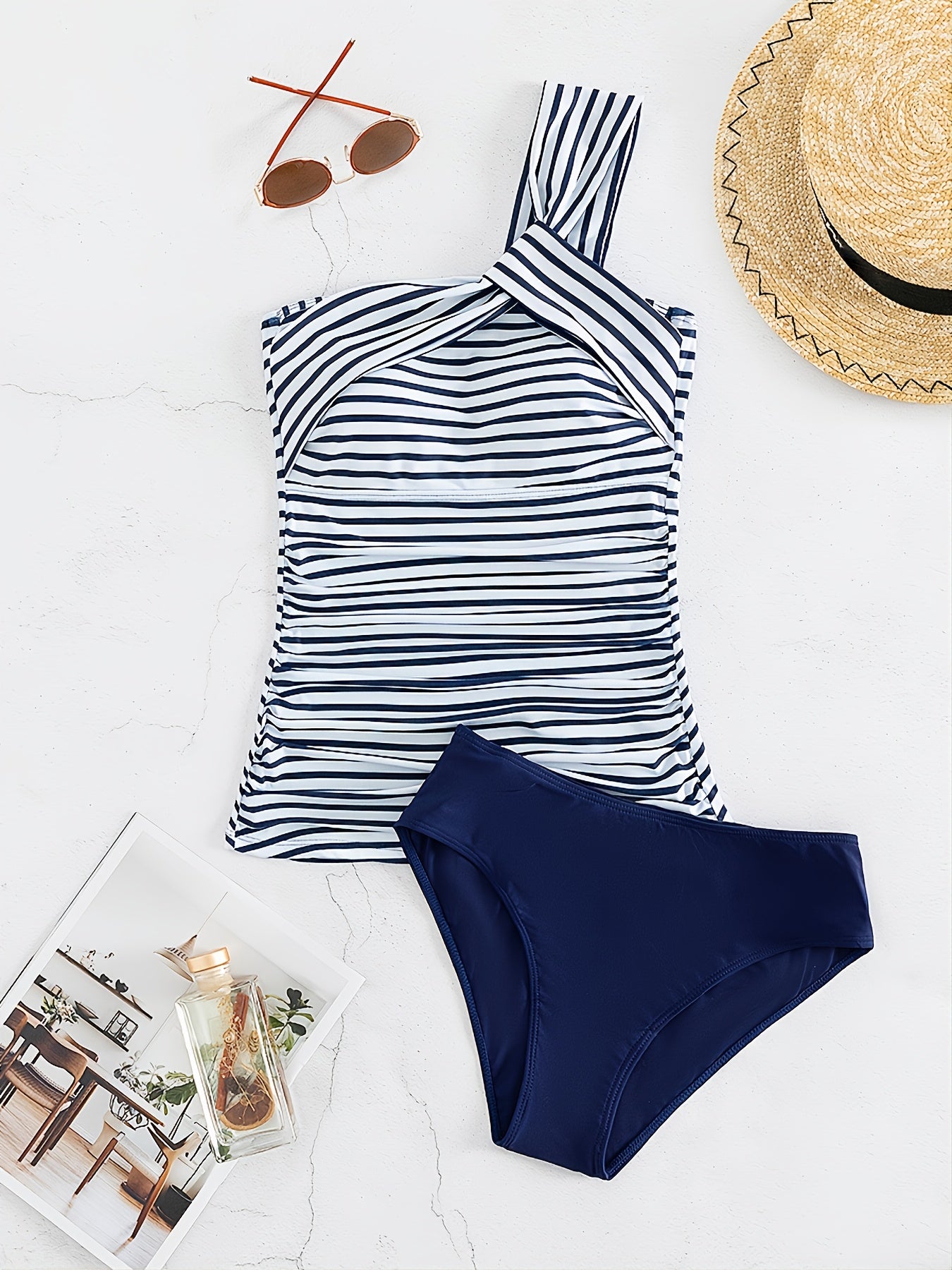 Striped Print Ruched Top High Cut Two Piece Swimsuit