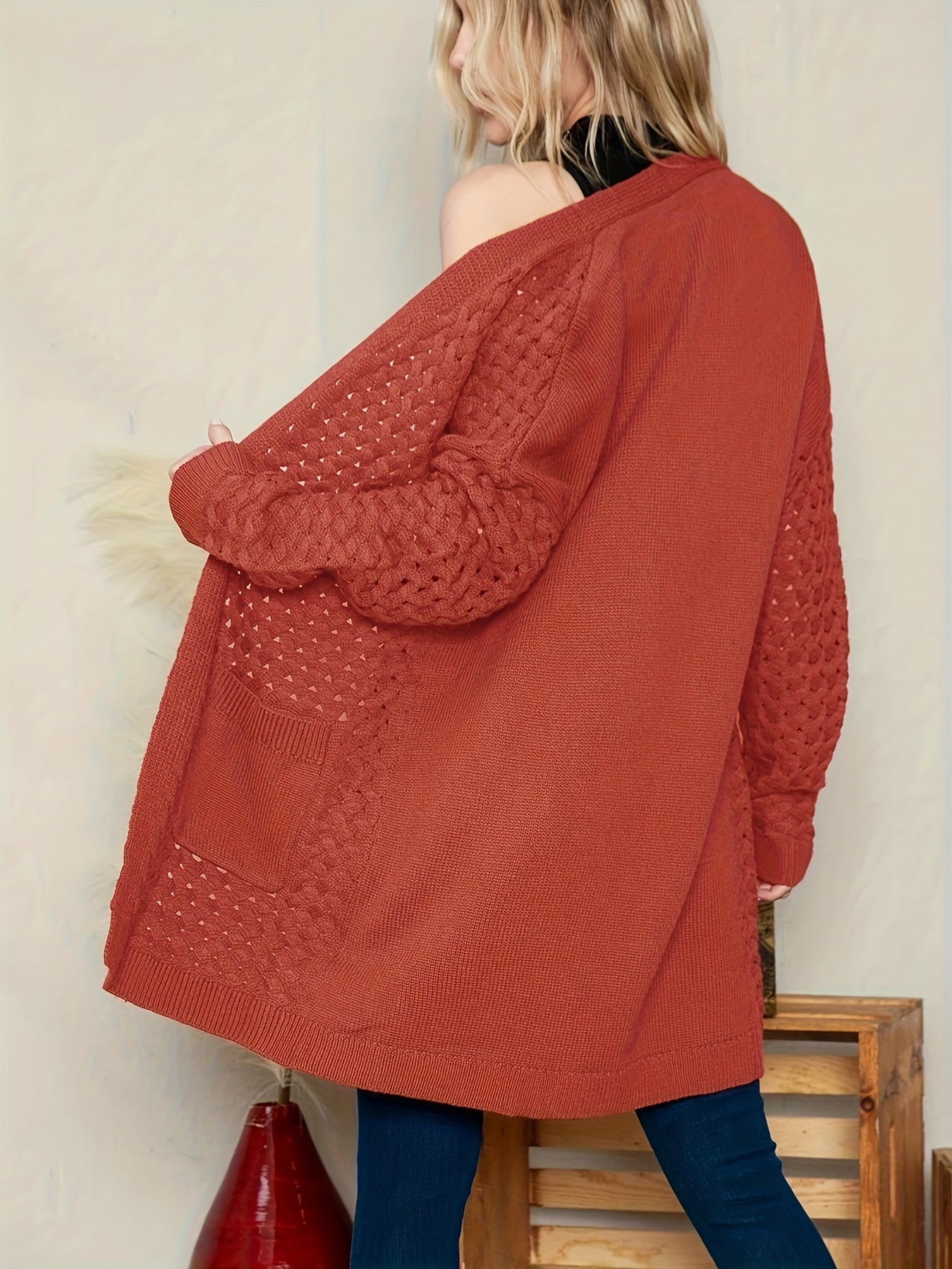  Solid Cable Open Front Cardigan With Pockets